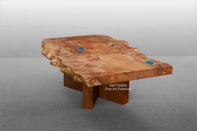 burl coffee table from other side showing base